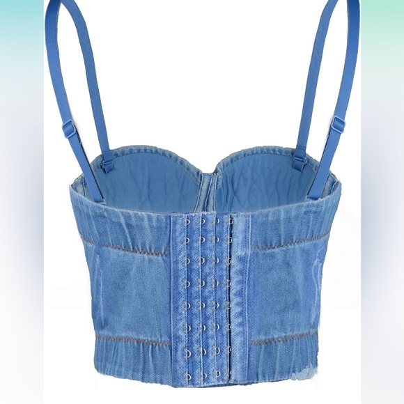 NWOT Tassel Rhinestone Denim Bustier Crop Top Jean Corset - size small - Picture 4 of 16